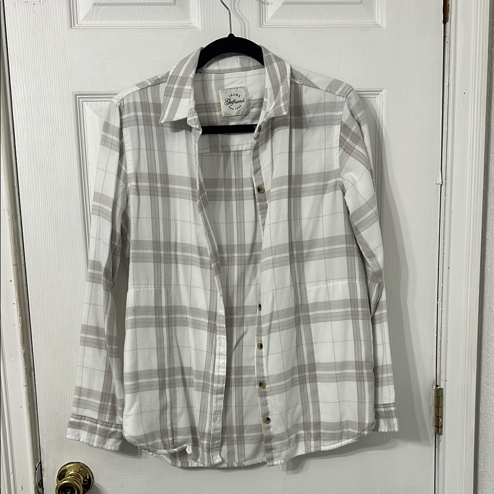 White and Gray Plaid Button-Up Shirt